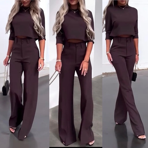 Adorable NWT boutique deep red High-waist, wide-leg 2-piece pant set! Size XS. - Picture 7 of 14